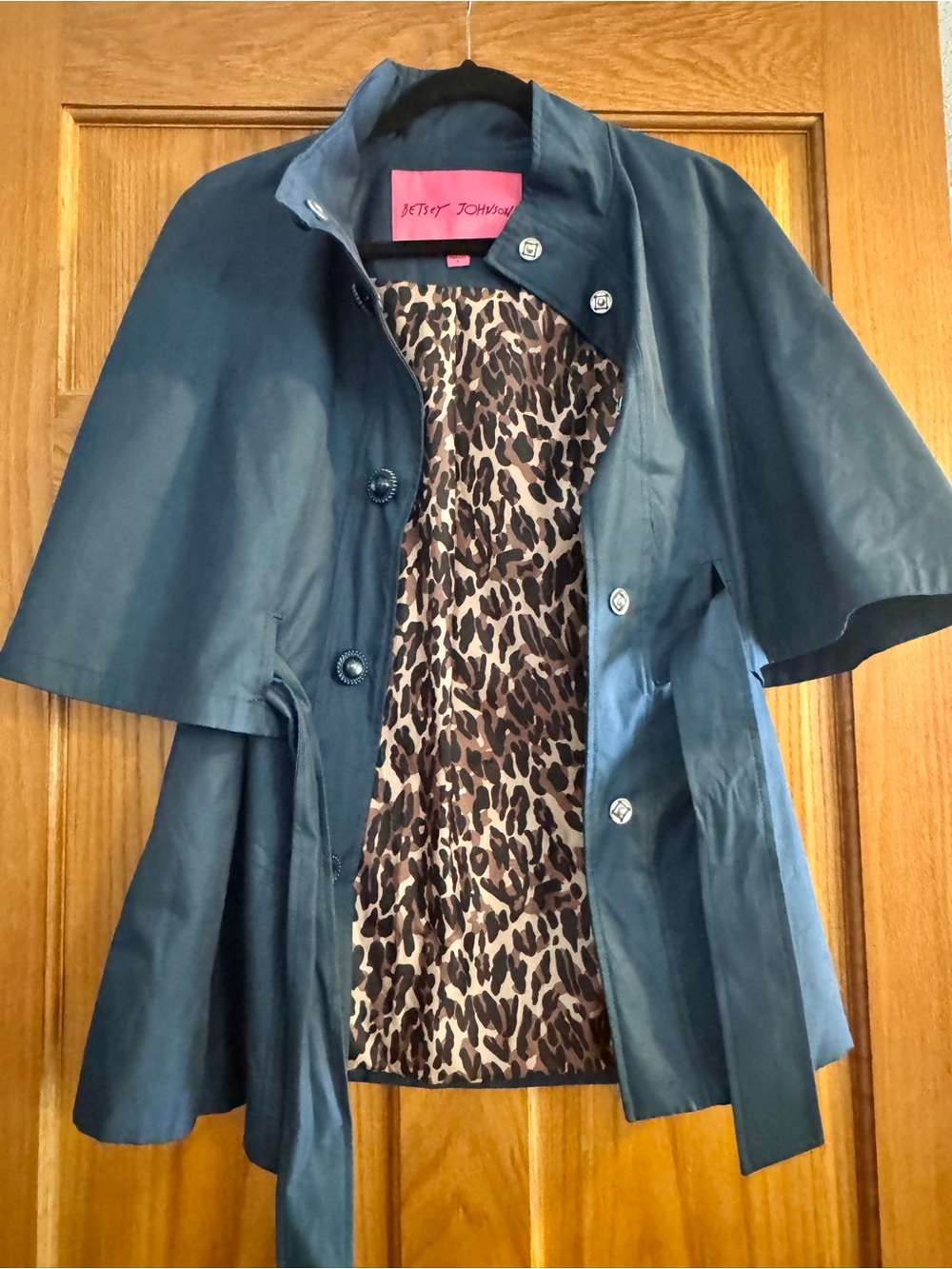 Betsey Johnson Navy Cape Coat with Leopard-Print Lining